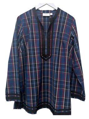 Kim Gravel Plaid Tunic Top Size Large Blue Tartan Blouse Preppy Womens NWOT